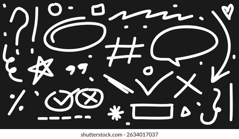 Colorful hand-drawn marker elements set. Includes grunge-style doodle underlines, icons, highlights, speech bubbles, arrows, and abstract shapes. Vector illustration on black background.