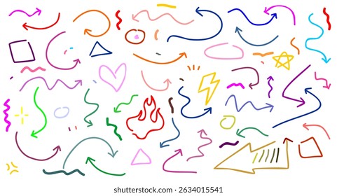 Colorful hand-drawn marker line elements set. Brush arrows, sketch pencil strokes, pen underlines, and scribble icons. Includes doodle-style hearts, crowns, and stars. Vector illustration.