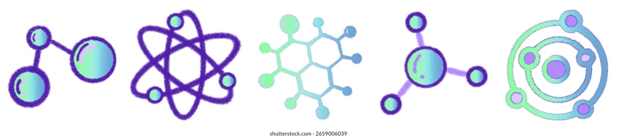 Colorful Hand-Drawn Molecular Science Elements with Gradient Blue-Purple Style – Chemistry Education Clipart Pack