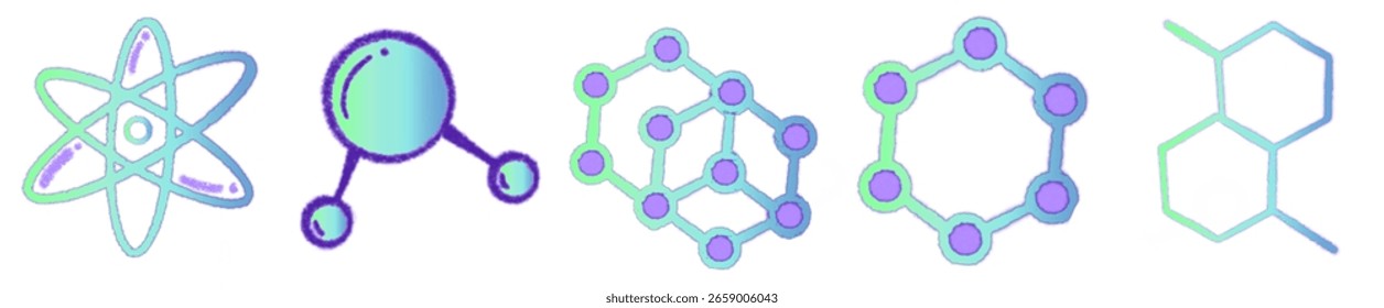 Coloridos Elementos de Ciencia molecular dibujados a mano con estilo azul-púrpura degradado - Paquete de Clipart de Educación química