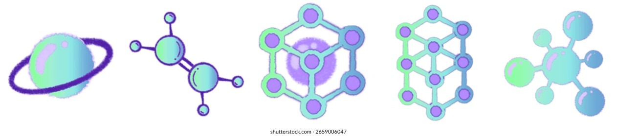 Coloridos Elementos de Ciencia molecular dibujados a mano con estilo azul-púrpura degradado - Paquete de Clipart de Educación química