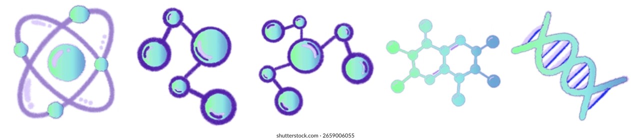 Colorful Hand-Drawn Molecular Science Elements with Gradient Blue-Purple Style – Chemistry Education Clipart Pack