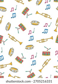 Colorful Hand-Drawn Music Instruments and Notes Seamless Pattern