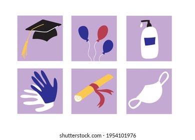 Colorful hand-drawn objects of the graduate of 2021.A hat with a brush, a diploma, a disinfectant, gloves, a mask. Vector illustration on a white isolated background. Icons for the site.