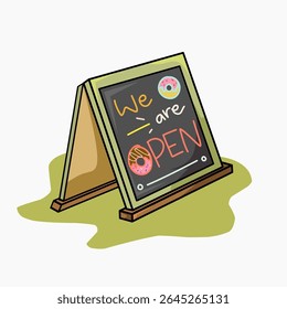 Illustration colorée de panneau ouvert dessinée à la main - Cadre A de tableau noir « We are Open » sur le trottoir