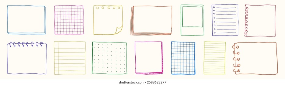 Colorful hand-drawn paper sheets in various styles, including lined, grid, and spiral-bound. Vibrant paper designs for notes and creative projects. Hand drawn illustrations, vector set.