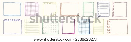 Colorful hand-drawn paper sheets in various styles, including lined, grid, and spiral-bound. Vibrant paper designs for notes and creative projects. Hand drawn illustrations, vector set.