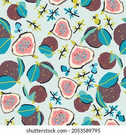 Colorful hand-drawn passion fruits and figs in vector seamless pattern. Contemporary bright summer background with trendy colors