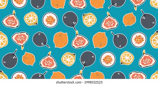 Colorful hand-drawn passion fruits, lemons, limes, oranges, and figs in vector seamless pattern. Contemporary bright summer background with trendy colors