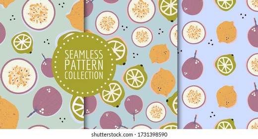 Colorful hand-drawn passion fruits, limes and lemons seamless pattern collection. Contemporary bright summer backgrounds with trendy colors. Vector design for paper, fabric, interior decor and cover