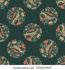 A colorful hand-drawn pattern with round holiday balls. It suggests celebration and the warmth of winter holidays.