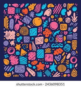 Colorful Hand-Drawn Pattern with Stars, Hearts, Clouds, and Circles on Dark Blue Background