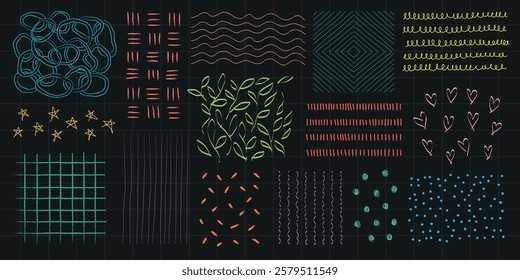 Colorful hand-drawn patterns on a black background. Includes wavy lines, stars, hearts, and leaves. Vibrant patterns create a lively, artistic design. Doodle element isolated vector set.