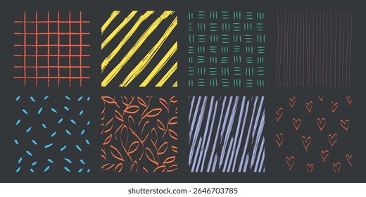 Colorful hand-drawn patterns on a dark background. Includes grids, stripes, leaves, and hearts. Vibrant and artistic design elements. Doodle element isolated vector set.