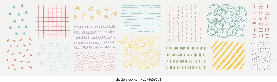 Colorful hand-drawn patterns in various styles, including grids, stars, waves, and swirls. Vibrant and playful designs in multiple colors and shapes. Doodle element isolated vector set.