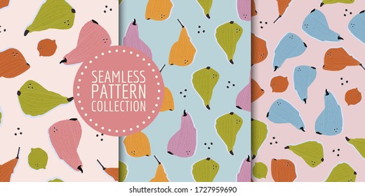Colorful hand-drawn pears, limes and lemons seamless pattern collection. Contemporary bright summer backgrounds with trendy colors. Vector design for paper, fabric, interior decor and cover