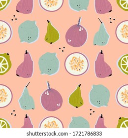 Colorful hand-drawn pears, passion fruits, lemons and limes in vector seamless pattern. Contemporary bright summer background with trendy colors
