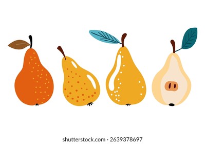 Colorful Hand-Drawn Pears. Set of four vector pears. Modern flat design illustration is perfect for food-themed prints, kitchen decor, children’s books, or fruit packaging.