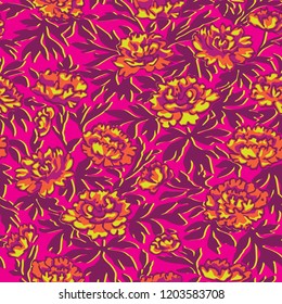 Colorful Hand-drawn Peonies Seamless Pattern on Pink Background