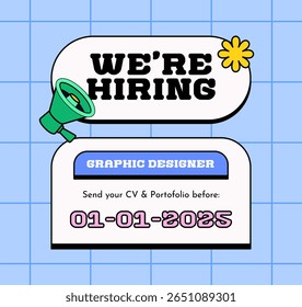 Cartaz colorido desenhado à mão anunciando uma oportunidade de contratação de designer gráfico com um ícone de megafone e texto em negrito. Inclui prazo final de candidatura em um estilo divertido, ideal para vagas de emprego, recrutamento