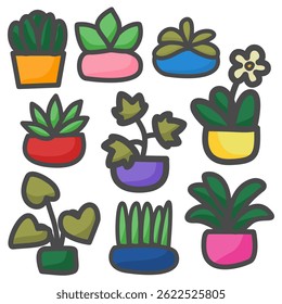 Colorful hand-drawn potted plants with bold outlines and playful shapes. Suitable for decorative use in seamless patterns, stickers, or children’s books. Great for spring-themed designs or stationery.