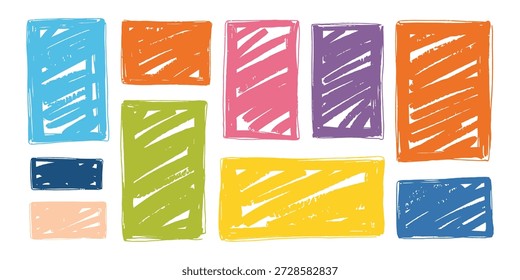 Formas retangulares coloridas desenhadas à mão com uma aparência texturizada, semelhante a um giz de cera, isoladas sobre fundo transparente