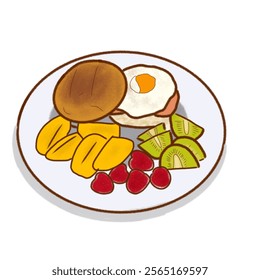 A colorful hand-drawn representation of a breakfast plate featuring vibrant fruits, egg, and bread. This visually appealing artwork captures the essence of a wholesome and nutritious morning meal.