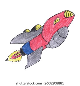 Colorful Hand-Drawn Rocket With Flames and Detailing in Crayon Style   