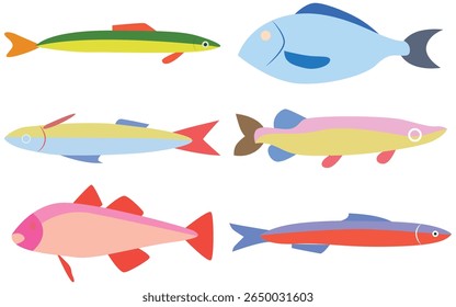 Colorful Hand-Drawn Sardine and Tuna Stickers – Crayon Doodle Fish Illustration with Playful Texture