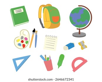 Colorful hand-drawn school supplies including backpack, globe, book, paints, rulers, pens, and more. Perfect for education, classroom, and learning-themed designs.