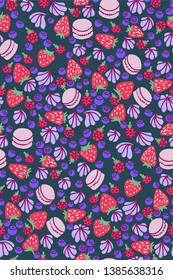 Colorful hand-drawn seamless pattern with cartoon macarons, forest berries (strawberries, blueberries, raspberries), meringues. Dark background. Design element for dessert, packaging, branding.