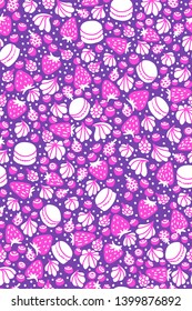 Colorful hand-drawn seamless pattern with cartoon macarons, forest berries (strawberries, blueberries, raspberries), meringues. Sweet, cute design element for stationery, packaging, branding.
