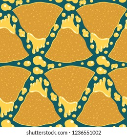 Colorful hand-drawn seamless pattern with nachos and cheese sauce. Dark blue background. Mexican snack menu, packaging, branding concept.