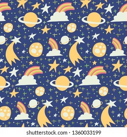 Colorful hand-drawn seamless pattern with rainbows, clouds, stars, moons and planets doodles. Space concept. Design element for kids merchandise, web or print background, wrapping paper, fabric.