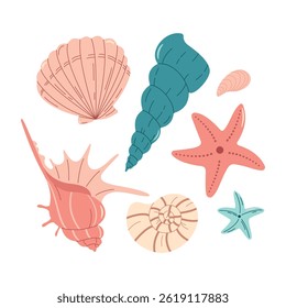 Conchas coloridas desenhadas à mão e estrelas-do-mar em design plano sobre fundo branco. Ilustração do tema de férias tropicais, do verão, do oceano e da praia.