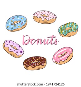 Colorful hand-drawn set of Donuts theme - items, objects and symbols. Pastry for menu design, cafe decoration and delivery box glazed cover. Vector illustration isolated on white background