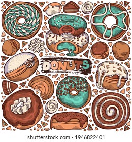 Colorido conjunto a mano del tema Donuts - objetos y símbolos. Pasta para el diseño de menús, decoración de cafés y cubierta de cristal de caja de entrega. Ilustración del vector