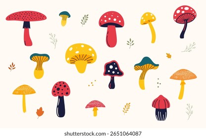 Colorful hand-drawn set of mushrooms, perfect for cozy seasonal projects. Ideas for scrapbooking, greeting cards, stickers, fall-themed packaging, digital planners, and Thanksgiving crafts.