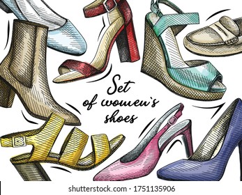 Colorful Hand-drawn set of women shoes. Block Heels, Ankle Booties on medium heel, Ballerina flats, Pumps, stiletto, Open Toe Sandals, Slingback heel, Wedge Sandals, Loafers, slippers, moccasins.	