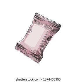 Colorful hand-drawn sketch of a candy in a pink candy wrapper on a white background. Candy in a wrapper. Simple wrapper