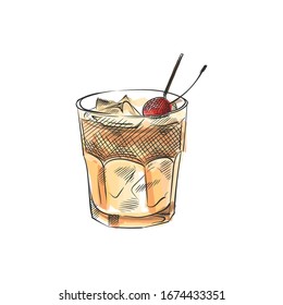 Colorful hand-drawn sketch of a cocktail with cherry on a white ground. Cocktail in a cube glass