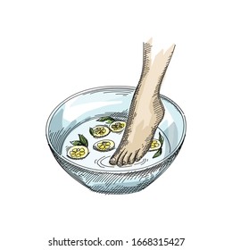 Colorful Hand-drawn sketch of foot soaking in a small bowl with lemons on white background. Light blue bowl. Yellow flowers.