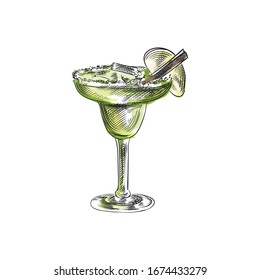 Colorful hand-drawn sketch of a green cocktail in a Margarita glass with an apple slice and a straw on a white ground. 