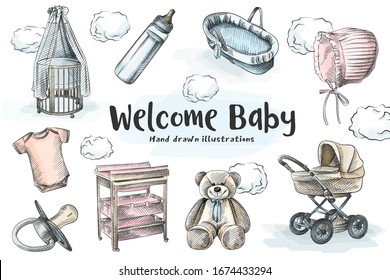 Colorful hand-drawn sketch of set for a newborn baby. Stroller, cradle, crib, teddy bear, cotton hat, short-sleeved bodysuit, cradle, changing table, milk bottle and pacifier.