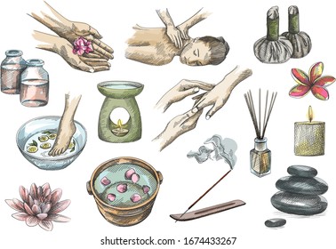 Colorful hand-drawn sketch of spa set tools. Flower in hands, foot soaking in a small bowl with lemons, a small bowl with flower petals, back and hands massage, herbal pouches, candle burner, herb jar