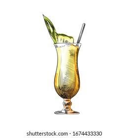 Colorful hand-drawn sketch of a yellow cocktail in a shot glass on a white ground. Yellow drink with a lime and a straw