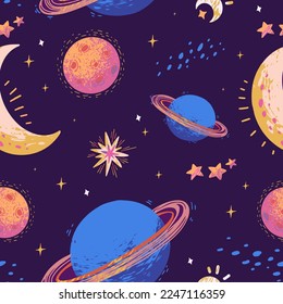 Colorful hand-drawn space pattern with blue and pink planets, moon and stars