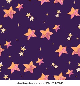 Colorful hand-drawn space pattern with cute cartoon stars on purple background, seamless pattern