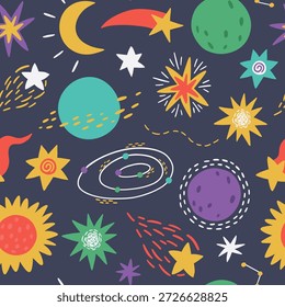 Espaço colorido desenhado à mão padrão contínuo com planetas, estrelas, luas, cometas e formas cósmicas divertidas. Design divertido, ousado e extravagante perfeito para projetos infantis, têxteis, artigos de papelaria, papéis de parede
