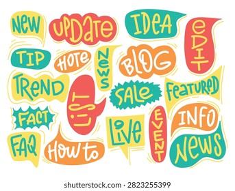 Colorful hand-drawn speech bubbles with social media words, trendy communication labels isolated on white